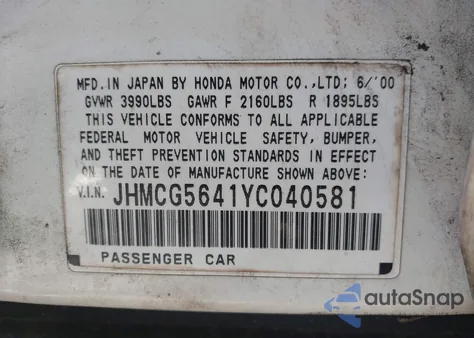 2000 Honda Accord 2.3 Lx from USA, damaged, VIN JHMCG5641YC040581